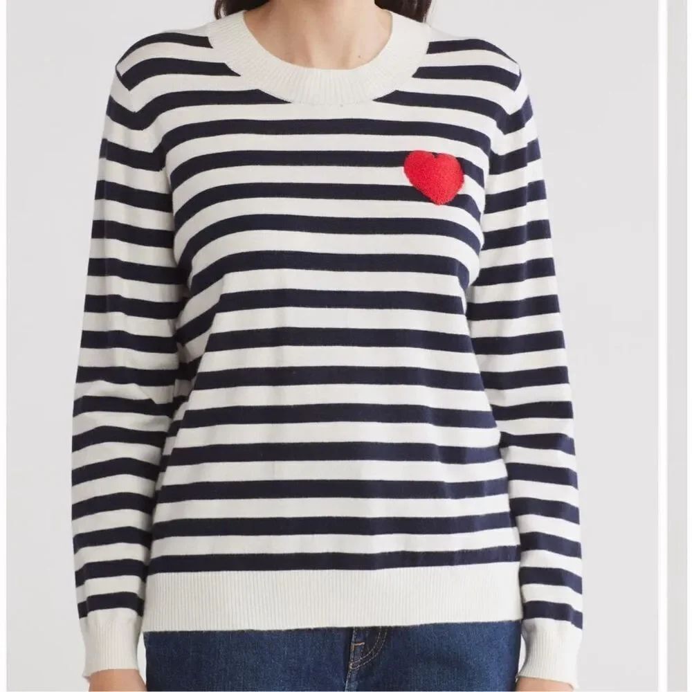 Bobeau navy/white striped embroidered heart pullover sweater size XS NWT